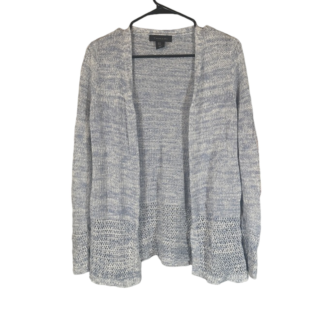 Tahari Baby Blue Linen Blend Long Sleeve Opened Front Knit Cardigan Women Sz M